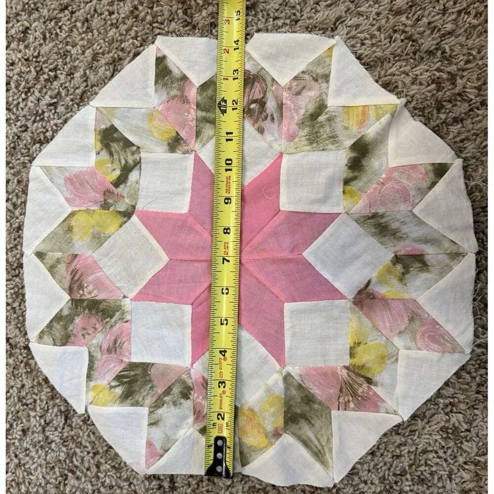 Vintage Hand Pieced Quilt Block Orphan Square 8-Point Star pink/watercolor 14